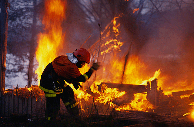 Fireman putting out forest fire